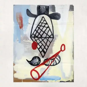 Pochette de l'album Fiasko par Kaboom Karavan. Dessin abstrait personnage avec un haut chapeau et une trompette