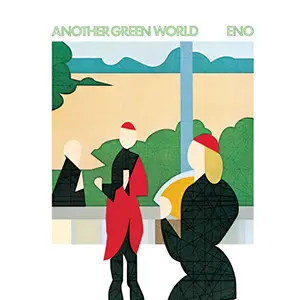 Pochette de l'album Another Green World par BRIAN ENO. La pochette présente une peinture abstraite et colorée de Brian Eno, représentant un paysage surréaliste avec des formes géométriques et des figures humaines stylisées, créant une ambiance onirique et imaginative.