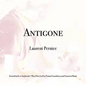 Pochette de l'album de Laurent PERNICE "Antigone", une esquisse rose d'un homme avec un enfant sur fond blanc
