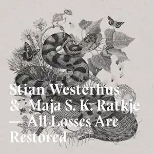 Pochette de l'album de STIAN WESTERHUS "All Losses Are Restored", un dessin d'un serpent avec des papillons, un squelette d'oiseau, des os et des fleurs