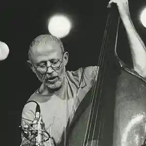 Photo de l'artiste Barre Phillips sur scène avec sa contrebasse
