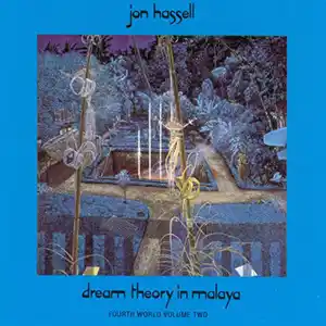 Pochette de l'album de JON HASSELL "Dream Theory in Malasia ", un paysage onirique dans les tons bleu et doré