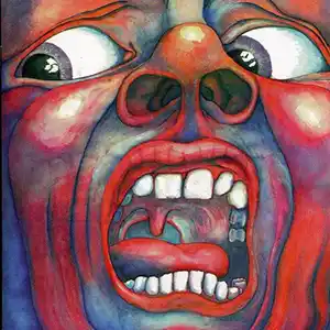 Pochette de l'album de KING CRIMSON "In The Court Of The Crimson King", un dessin coloré d'unt visage bouche grande ouverte