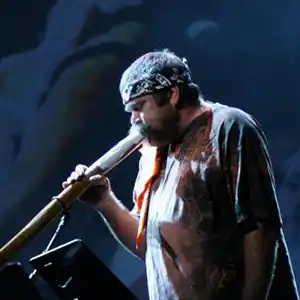 Photo de l'artiste Mark Atkins du groupe Ankala and The World Orchestra sur scène avec son didjeridoo