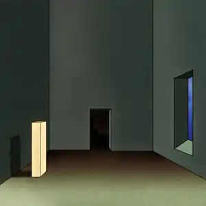 Pochette de l'album de ONEOHTRIX POINT NEVER "R Plus Seven", un dessin d'une pièce carrée avec une porte au centre, une fenêtre à droite et un rectangle vertical à gauche