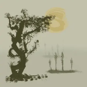 Pochette de l'album de SHACKLETON "The Scandal of Time", une esquisse d'un arbre noir à gauche, le soleil derrière, sur fond taupe