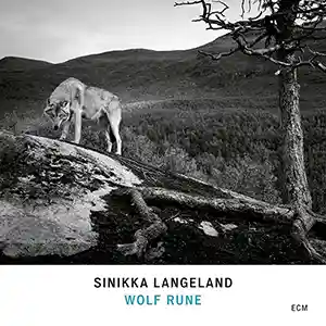Pochette de l'album "Wolf Rune" par l'artiste norvégienne Sinikka Langeland. Pochette avec un loup sur une colline à proximité d'un arbre dans un paysage vallonné