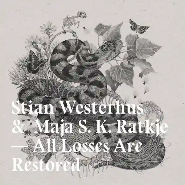 Pochette de l'album de STIAN WESTERHUS "All Losses Are Restored", un dessin d'un serpent avec des papillons, un squelette d'oiseau, des os et des fleurs