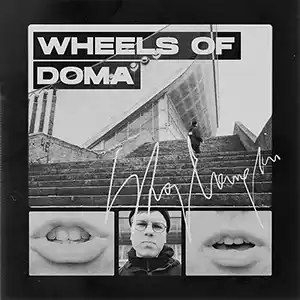 Pochette de l'album de WHEELS OF DOMA "Medi-Irritation mix" photos noire et blanc de 2 bouches, de l'artiste et d'un escalier en ville
