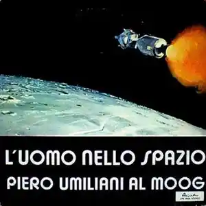 Pochette de l'album "L'Uomo Nello Spazio" par l'artiste italien Piero Umiliani. Photo d'un satellite en orbite autour de la lune